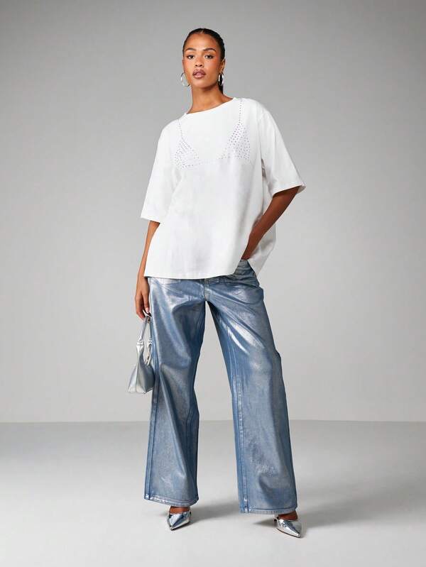 Missguided MISSGUIDED Oversized Rhinestone Detail Cotton T Shirt