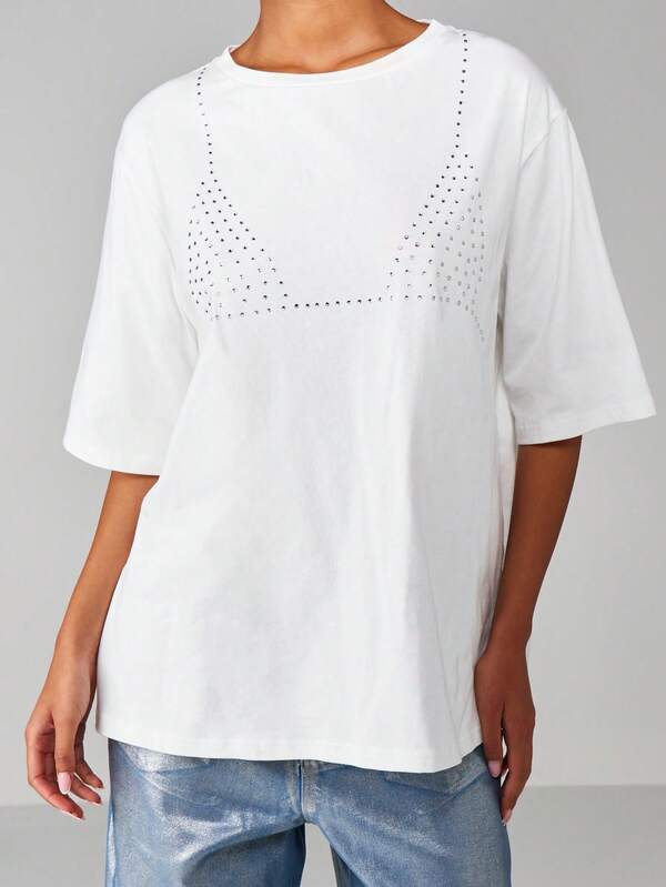 Missguided MISSGUIDED Oversized Rhinestone Detail Cotton T Shirt