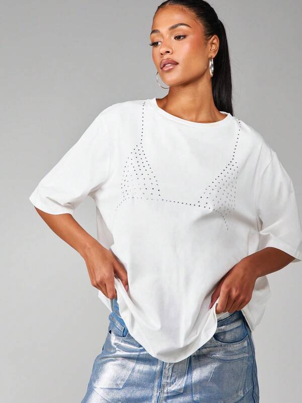 missguided MISSGUIDED Oversized Rhinestone Detail Cotton T Shirt