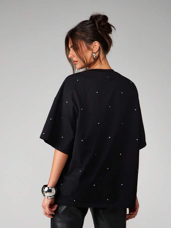 Missguided MISSGUIDED Oversized Rhinestone Detail Crew Neck Tee