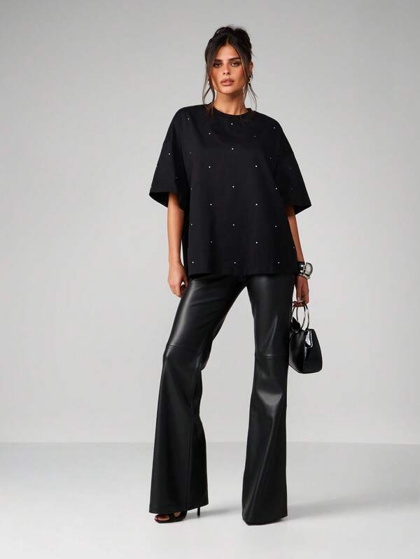 Missguided MISSGUIDED Oversized Rhinestone Detail Crew Neck Tee