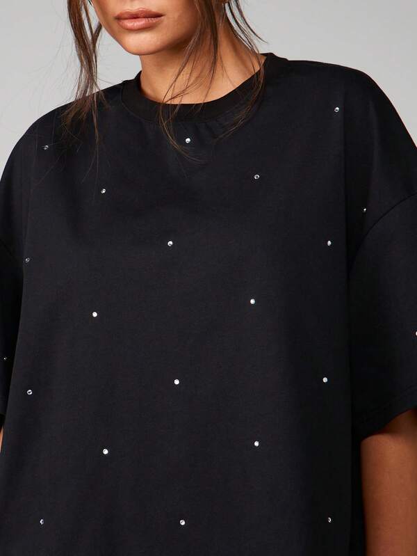 Missguided MISSGUIDED Oversized Rhinestone Detail Crew Neck Tee