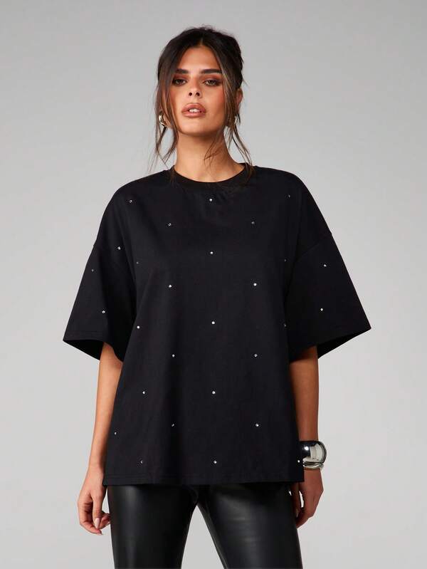 missguided MISSGUIDED Oversized Rhinestone Detail Crew Neck Tee