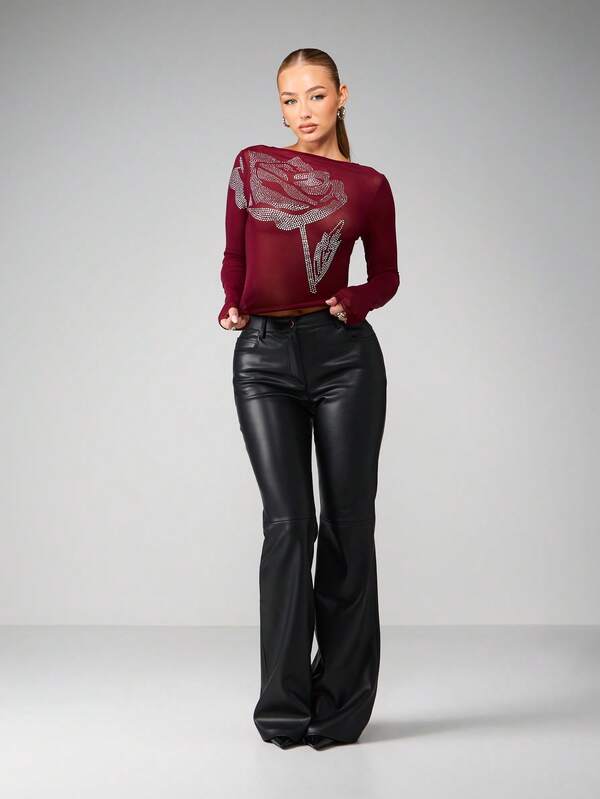 Missguided MISSGUIDED Oversized Rhinestone Rose Mesh Top