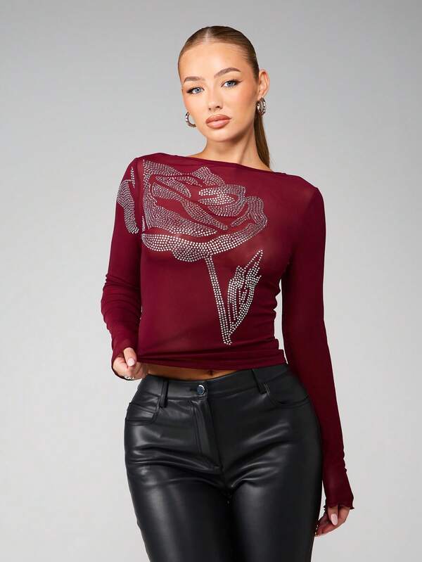 Missguided MISSGUIDED Oversized Rhinestone Rose Mesh Top