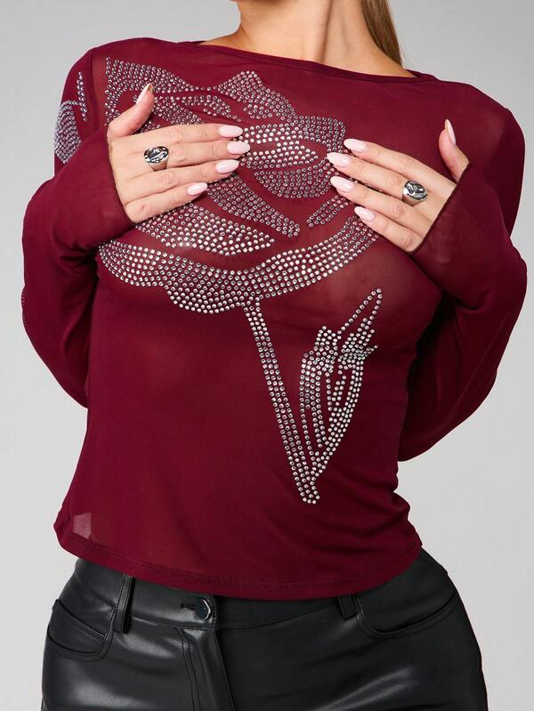 missguided MISSGUIDED Oversized Rhinestone Rose Mesh Top