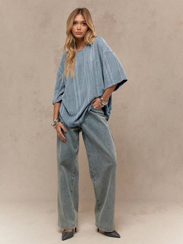Missguided MISSGUIDED Oversized Ribbed Casual Drop Shoulder T-Shirt