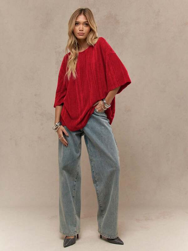 Missguided MISSGUIDED Oversized Ribbed Knit Casual Lounge Relaxed Fit T-Shirt