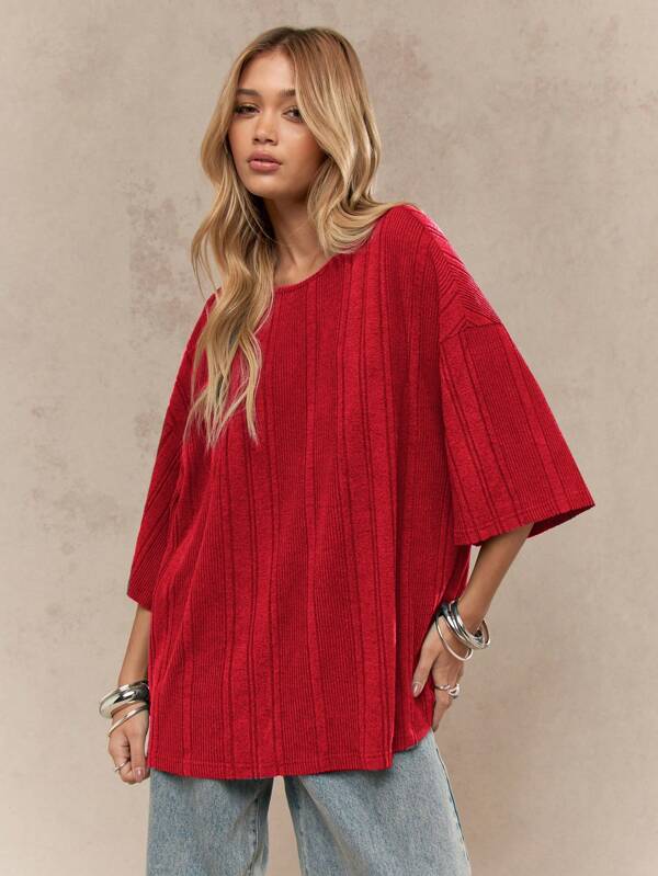 missguided MISSGUIDED Oversized Ribbed Knit Casual Lounge Relaxed Fit T-Shirt