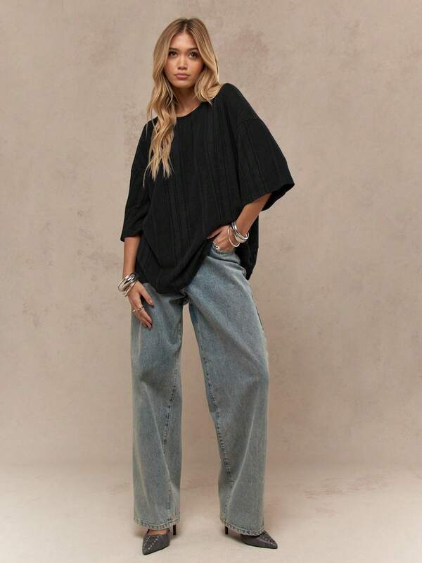 Missguided MISSGUIDED Oversized Ribbed Slouchy Drop Shoulder T-Shirt