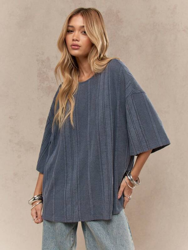 missguided MISSGUIDED Oversized Ribbed T Shirt With Balloon Sleeves