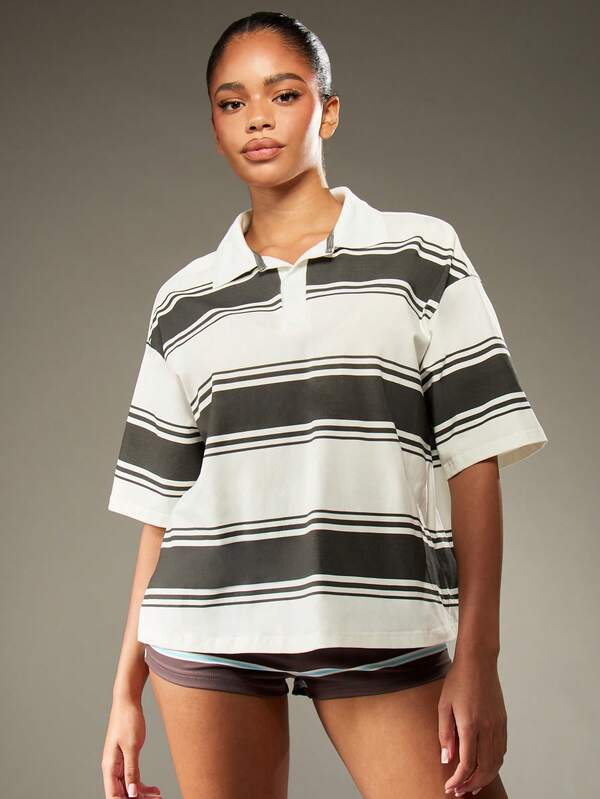 missguided MISSGUIDED Oversized Rugby Polo With Horizontal Stripes Collared Design