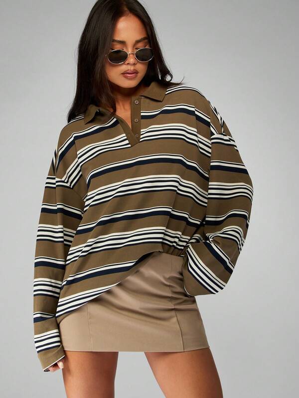 missguided MISSGUIDED Oversized Rugby Polo With Striped Pattern And Drop Shoulder