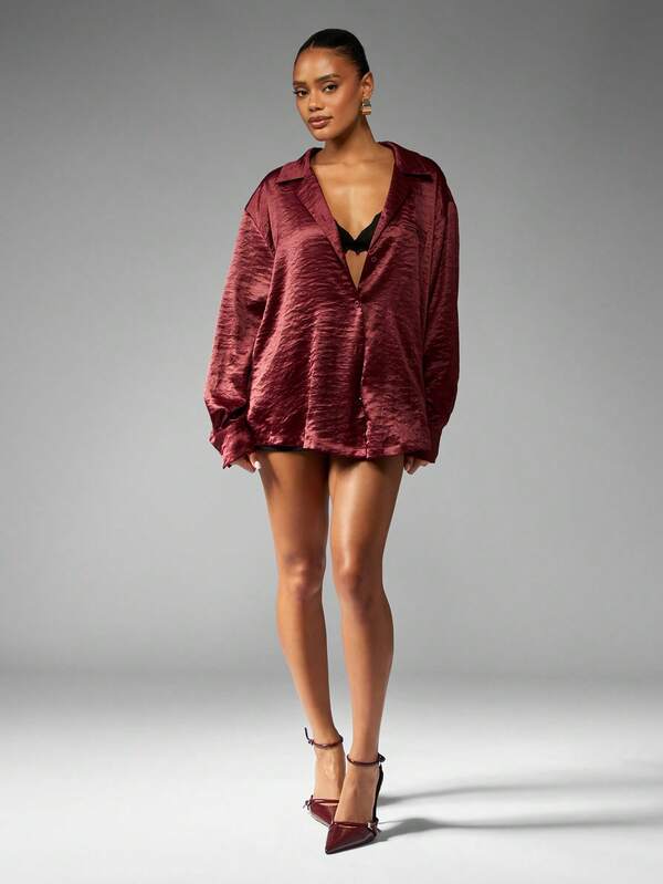 Missguided MISSGUIDED Oversized Satin Button Down Collared Blouse
