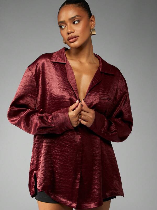 Missguided MISSGUIDED Oversized Satin Button Down Collared Blouse
