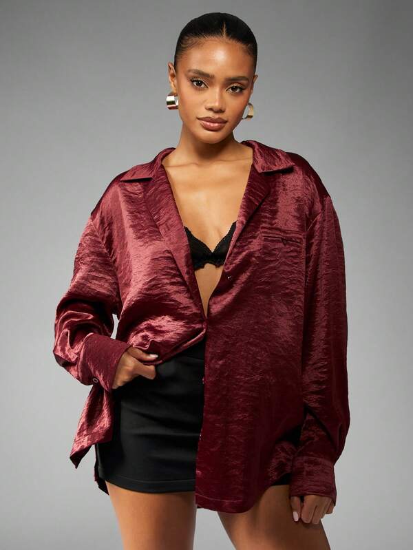 missguided MISSGUIDED Oversized Satin Button Down Collared Blouse
