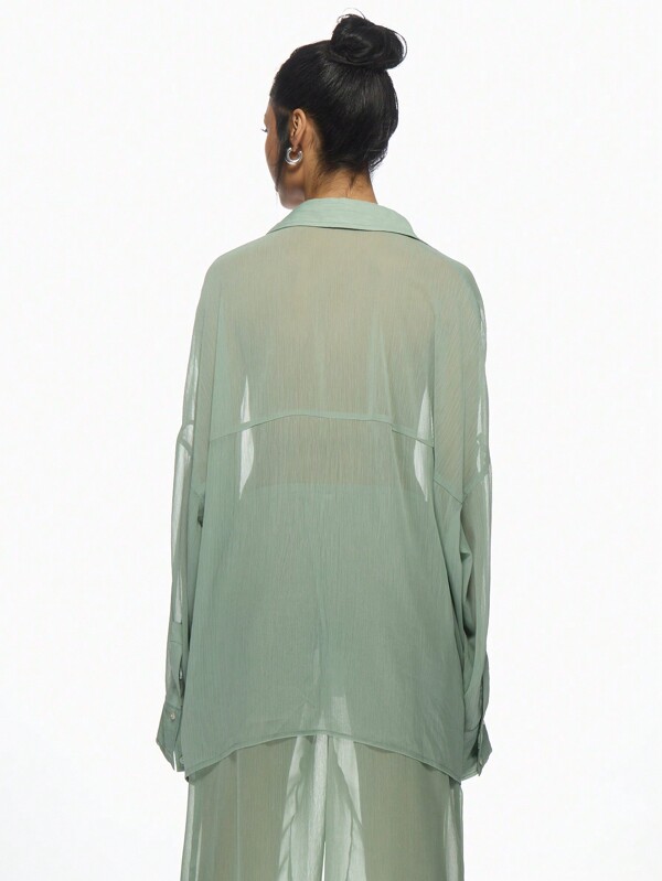 Missguided MISSGUIDED Oversized Sheer Button-Down Blouse Lightweight Long Sleeve Collared