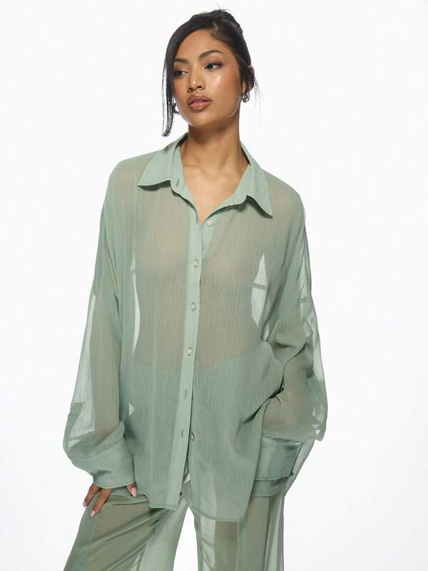 Missguided MISSGUIDED Oversized Sheer Button-Down Blouse Lightweight Long Sleeve Collared