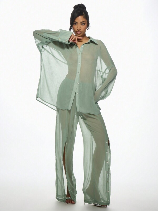 Missguided MISSGUIDED Oversized Sheer Button-Down Blouse Lightweight Long Sleeve Collared