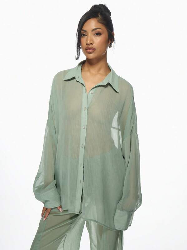 missguided MISSGUIDED Oversized Sheer Button-Down Blouse Lightweight Long Sleeve Collared