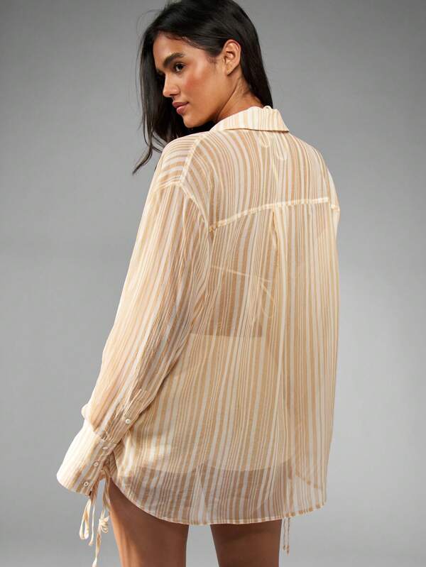 Missguided MISSGUIDED Oversized Sheer Striped Button Down Shirt With Tie Detail