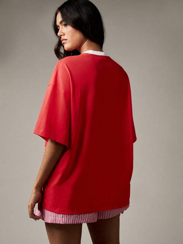 Missguided MISSGUIDED Oversized Shell Print T Shirt With White Collar Trim