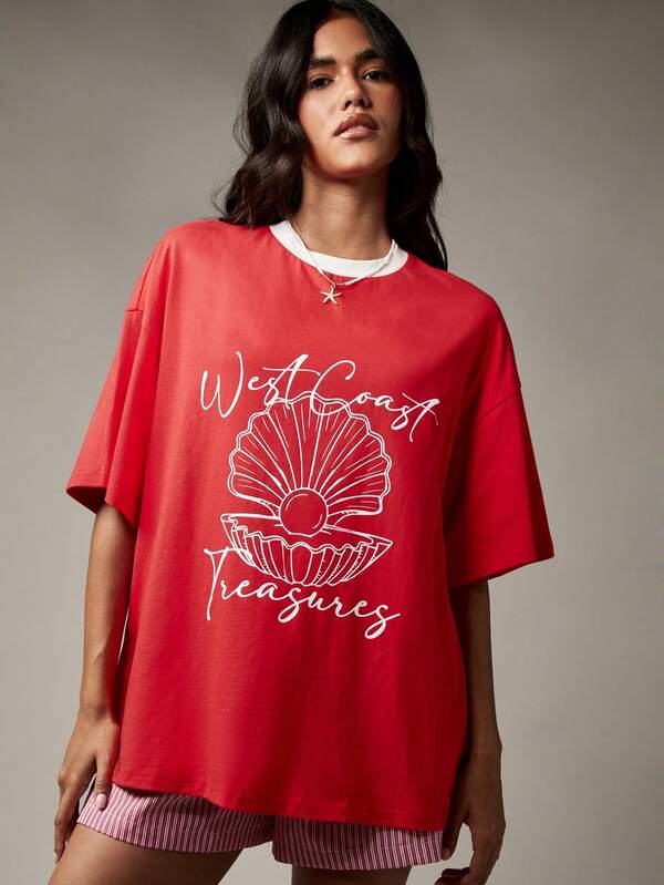 Missguided MISSGUIDED Oversized Shell Print T Shirt With White Collar Trim