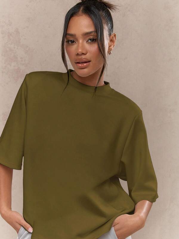 Missguided MISSGUIDED Oversized Shoulder Pad Mock Neck Scuba Material Long Sleeve T-Shirt