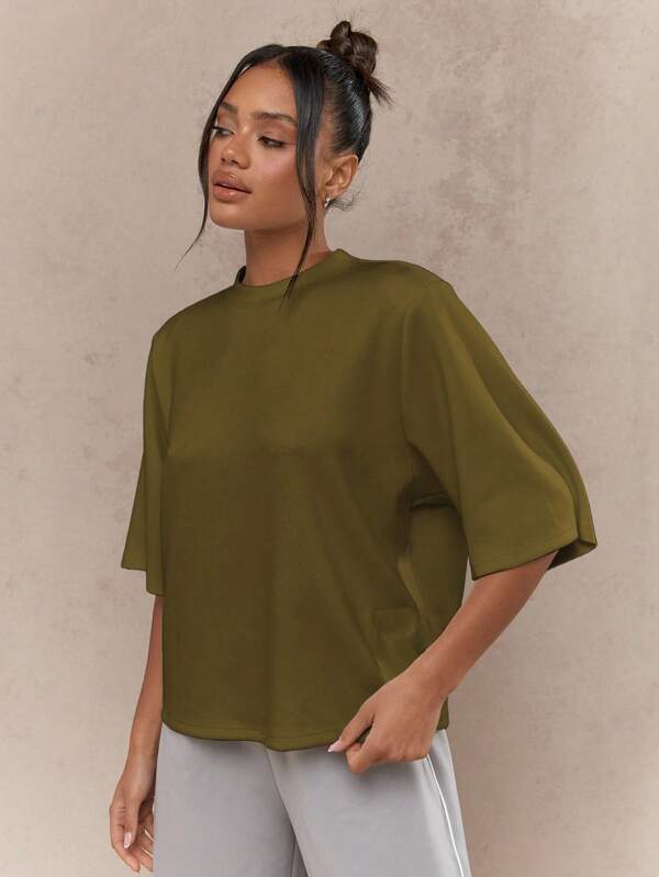 Missguided MISSGUIDED Oversized Shoulder Pad Mock Neck Scuba Material Long Sleeve T-Shirt