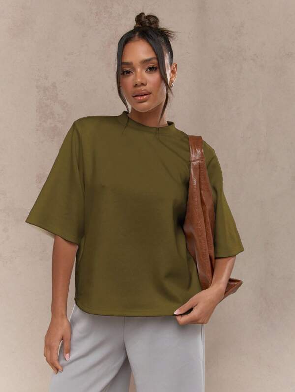missguided MISSGUIDED Oversized Shoulder Pad Mock Neck Scuba Material Long Sleeve T-Shirt