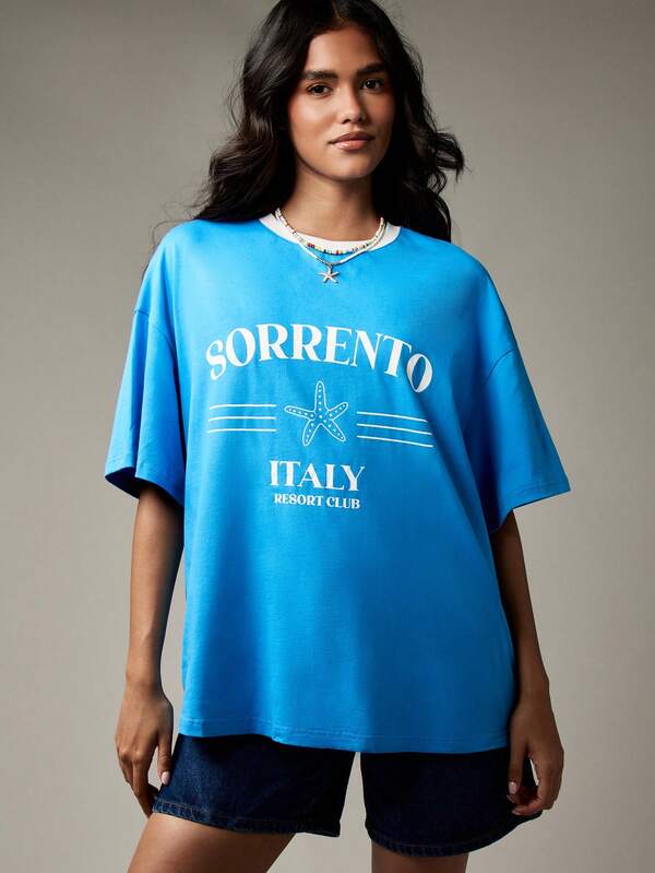 Missguided MISSGUIDED Oversized Sorrento Resort Graphic T Shirt With Starfish Print