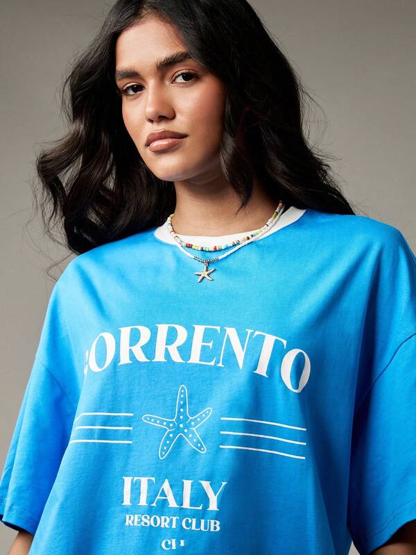 Missguided MISSGUIDED Oversized Sorrento Resort Graphic T Shirt With Starfish Print