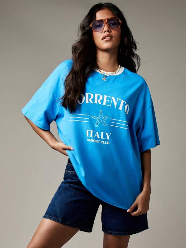 missguided MISSGUIDED Oversized Sorrento Resort Graphic T Shirt With Starfish Print