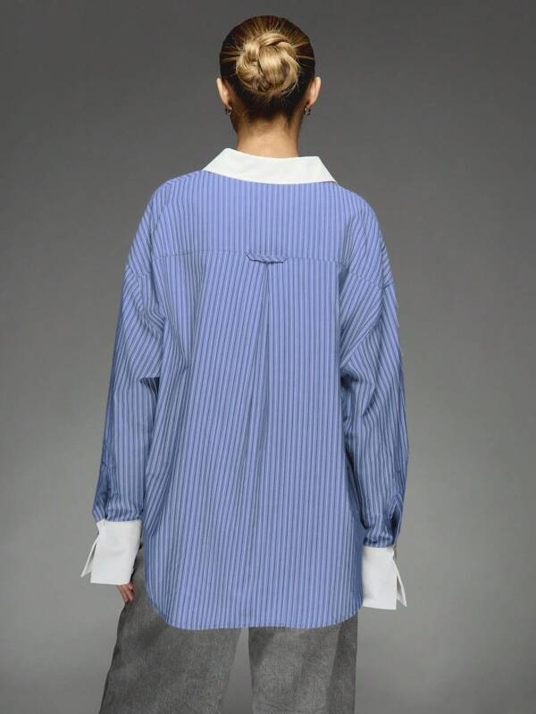 Missguided MISSGUIDED Oversized Stripe Button Down Shirt Blouse With Contrast Collar Cuffs