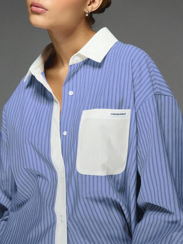 Missguided MISSGUIDED Oversized Stripe Button Down Shirt Blouse With Contrast Collar Cuffs