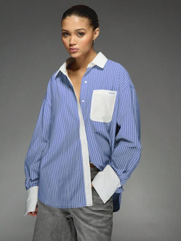 missguided MISSGUIDED Oversized Stripe Button Down Shirt Blouse With Contrast Collar Cuffs