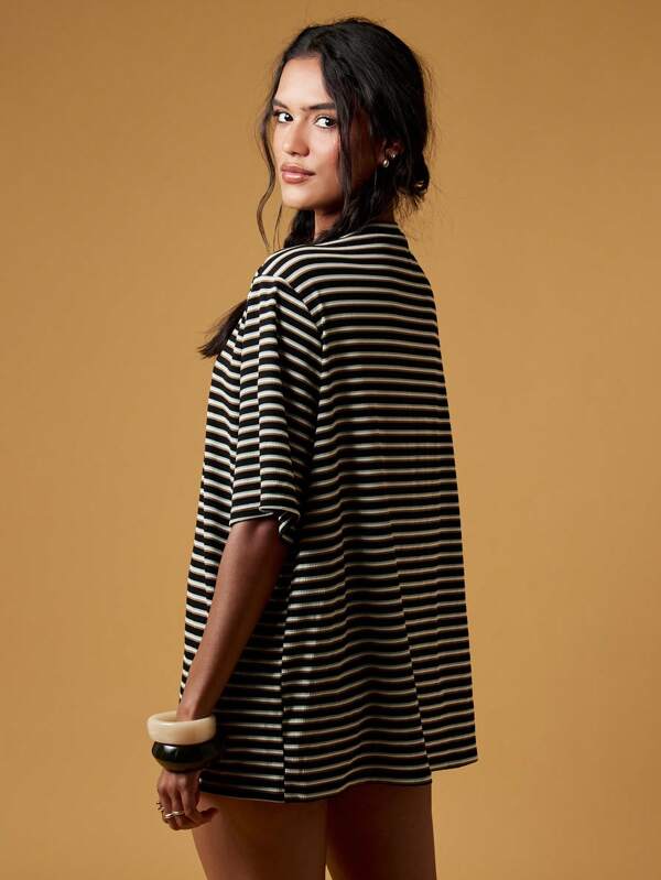 Missguided MISSGUIDED Oversized Striped Basic Casual Loose Fit Ribbed Fabric Women T-Shirt