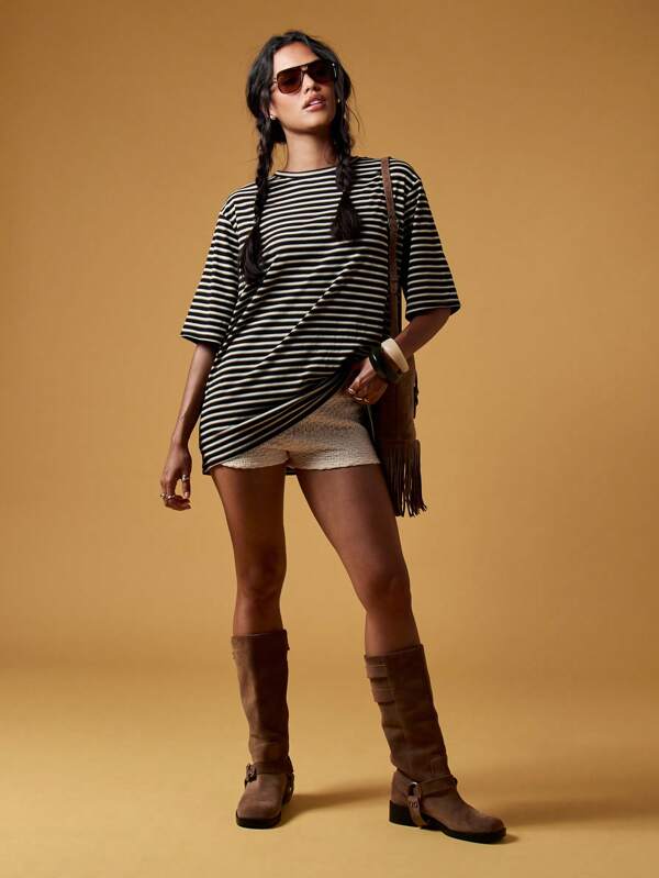 Missguided MISSGUIDED Oversized Striped Basic Casual Loose Fit Ribbed Fabric Women T-Shirt