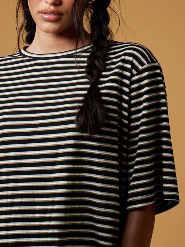 Missguided MISSGUIDED Oversized Striped Basic Casual Loose Fit Ribbed Fabric Women T-Shirt