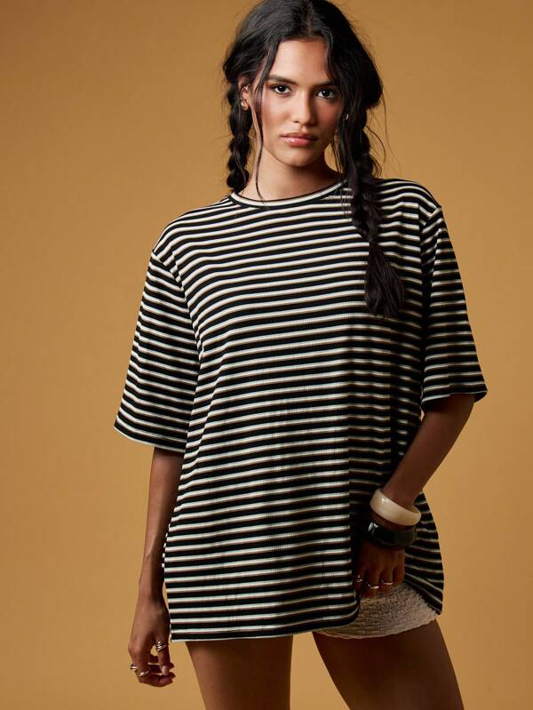 missguided MISSGUIDED Oversized Striped Basic Casual Loose Fit Ribbed Fabric Women T-Shirt
