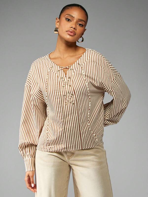 missguided MISSGUIDED Oversized Striped Blouse With Lace Up Front