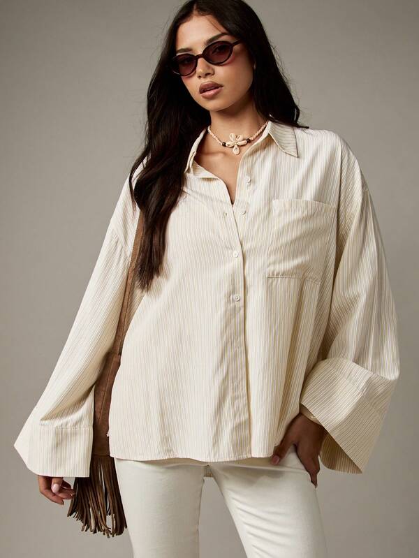 Missguided MISSGUIDED Oversized Striped Button Down Blouse With Bell Sleeves