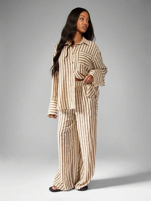 Missguided MISSGUIDED Oversized Striped Button-Down Shirt And Wide Leg Pants Two-Piece Outfit