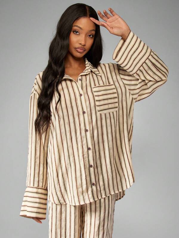 Missguided MISSGUIDED Oversized Striped Button-Down Shirt And Wide Leg Pants Two-Piece Outfit