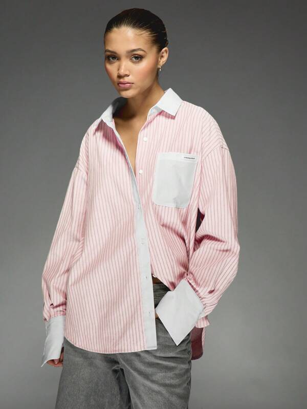 missguided MISSGUIDED Oversized Striped Button Down Shirt Long Sleeve Women Tops