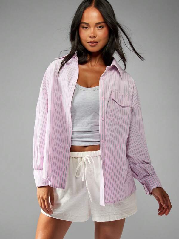 missguided MISSGUIDED Oversized Striped Button Down Shirt With Pocket Detail