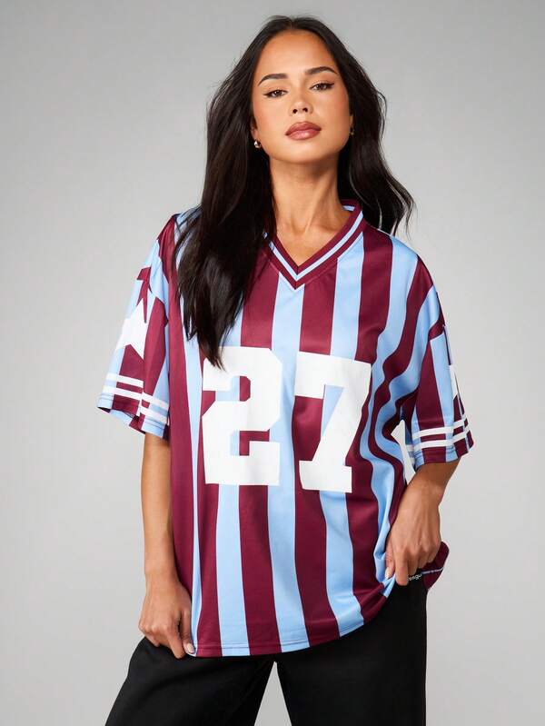 missguided MISSGUIDED Oversized Striped Football Tee With Number