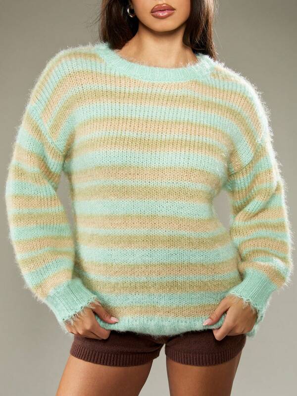 missguided MISSGUIDED Oversized Striped Fuzzy Sweater With Long Sleeves