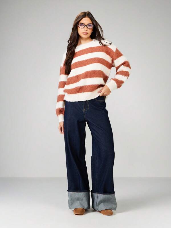 Missguided MISSGUIDED Oversized Striped Knit Sweater With Round Neck