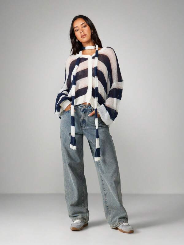 Missguided MISSGUIDED Oversized Striped Open Front Cardigan